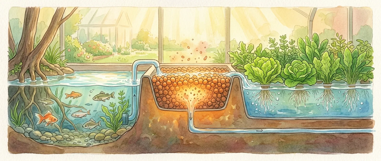 Studio Ghibli illustration of aquaponics filtration showing fish, bacteria, and plant uptake stages