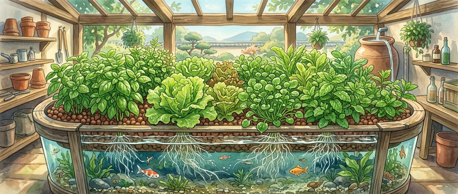 Studio Ghibli illustration of a lush aquaponics grow bed with basil, lettuce, and watercress