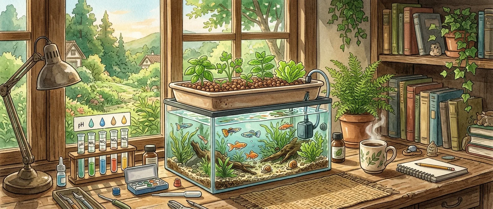 Studio Ghibli illustration of a cozy desktop aquaponics system on a wooden desk by a sunlit window