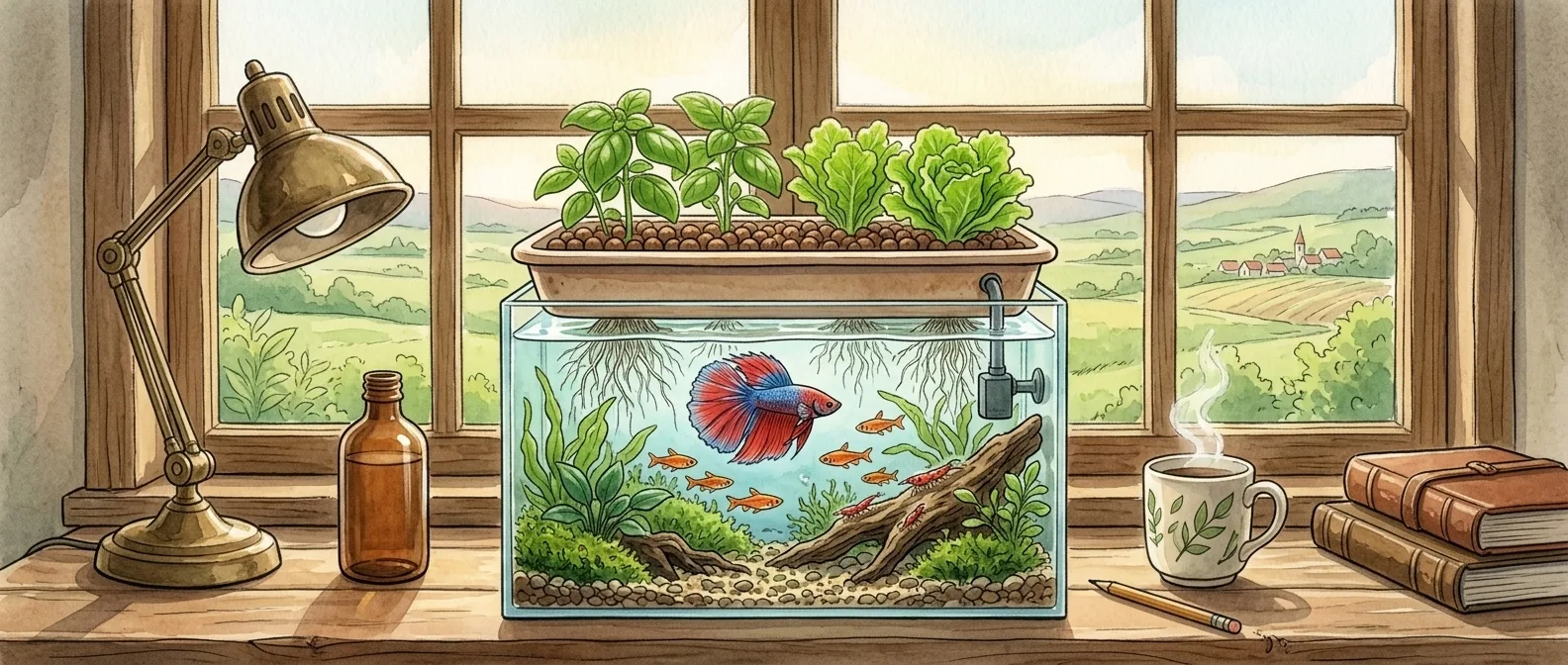 Watercolor illustration of a desktop aquaponics tank with a red betta, small orange tetras, and cherry shrimp beneath a grow bed of basil and lettuce