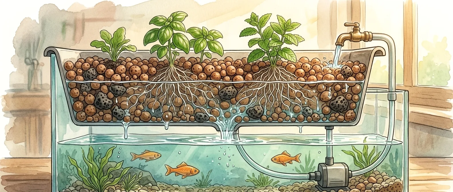 Watercolor cutaway of a grow bed filled with clay pebbles and lava rock, with roots weaving through the media above a small fish tank