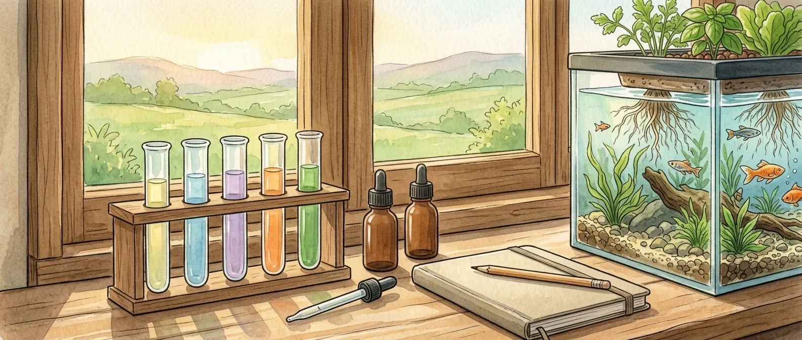 Watercolor illustration of a rack of water test tubes in different colors beside a small aquaponics tank on a windowsill