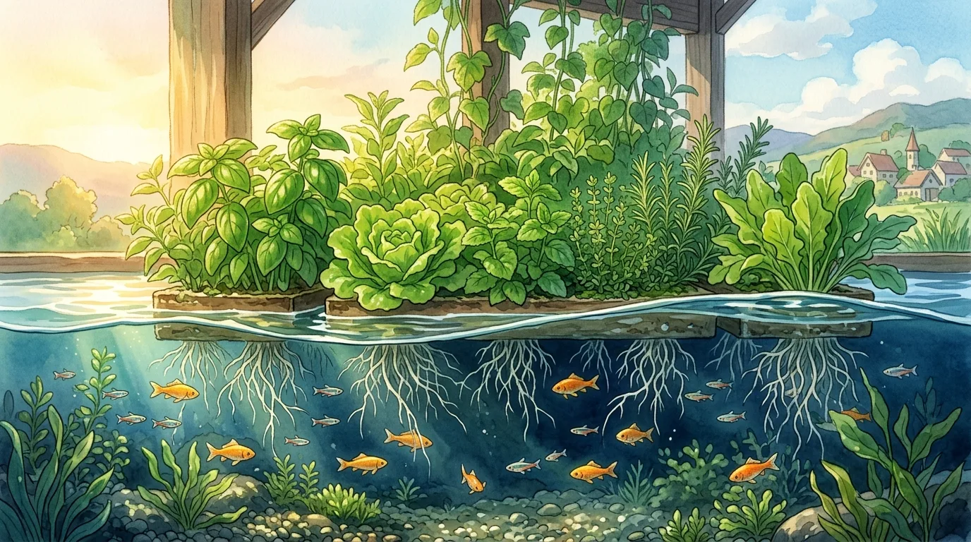 Watercolor illustration of basil, lettuce, and herbs growing on a floating bed, with roots reaching down into water full of small orange fish